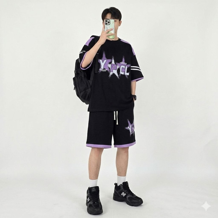 ست دو تیکه پدر/پسر طرح YPCL تی شرت و شلوارک استایل لش جنس بیسکویتی سایز M/4xl - تصویر محصول